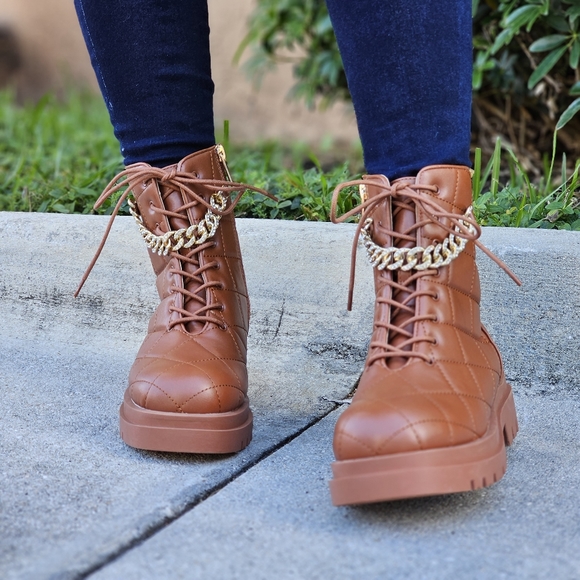Womens Chunky Block Heel Ankle Combat Boots Brown Color - Picture 2 of 6